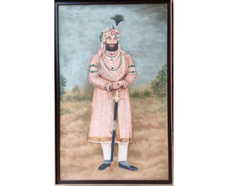 This grand 120 x 75.5cm portrait depicts the powerful and regal figure of Maharaja Sher Singh, who ruled the Sikh Empire in t