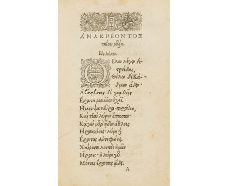 Anacreon. Odae, collation: *4 A-O4, Greek and Latin text, title with woodcut printer's device, woodcut head-pieces and initia