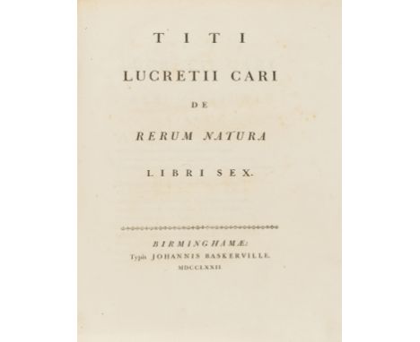 Baskerville (John, printer).- Lucretius Carus (Titus) De rerum natura libri sex, light spotting at beginning and end, contemp