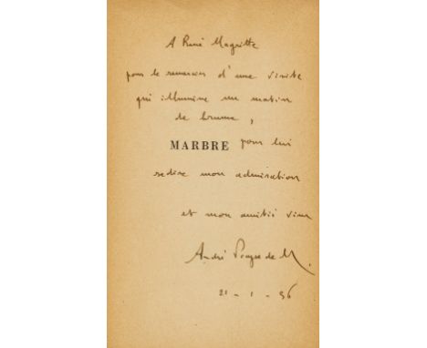 Magritte (René).- Mandiargues (A.Pieyre) Marbre, first edition, signed presentation copy from the author to René Magritte wit