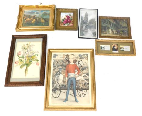 20thC and later pictures and prints, comprising E Steel rose painted ceramics panel, sheep in landscape gilt framed print, af