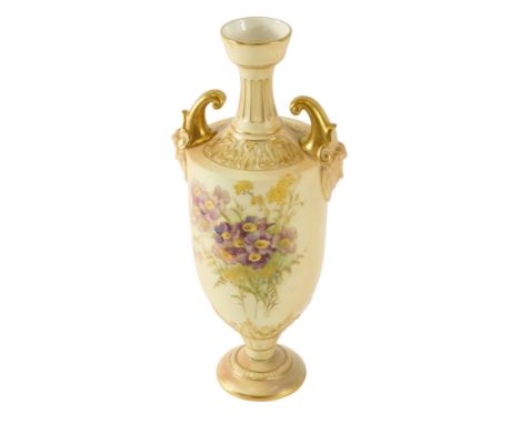A Royal Worcester porcelain two handled vase, painted with flowers on a blush ivory ground, printed marks in puce to undersid