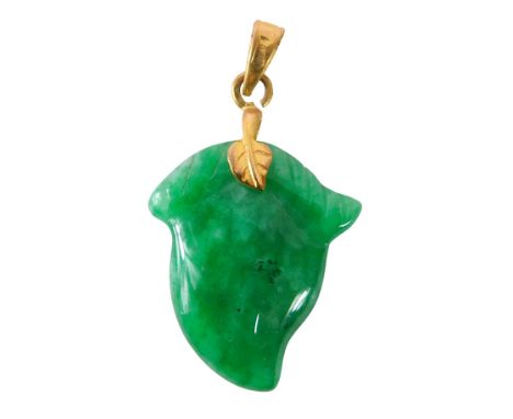 A carved jade pendant, formed as a fruit with etched detail, with a yellow metal loupe top, unmarked, 3cm high. 