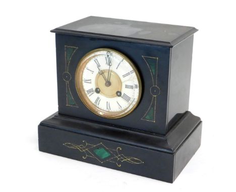 A French black slate and malachite inlaid mantel clock, with Arabic numerals, 22cm high. 