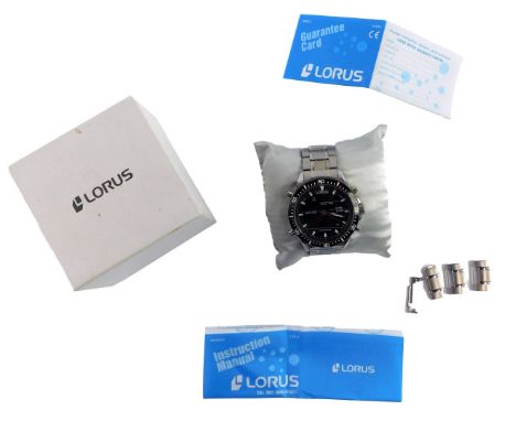 A Lorus chronograph gent's wristwatch, the blackened face with white and red battened dial, on a stainless steel strap, boxed