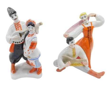 Two Russian porcelain figure groups, each with a balalaika, one AF, 19cm high. 