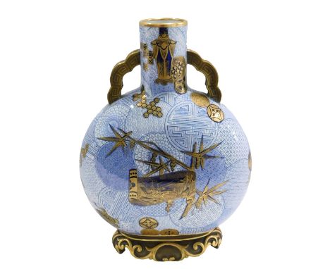 A Royal Worcester aesthetic movement moon flask, design attributed to Doctor Christopher Dresser, decorated with roundels, fa