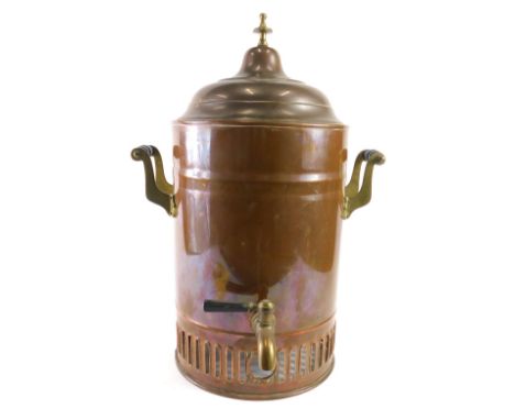 A 20thC copper tea urn, the domed and arched top with an arched finial, with brass handles, ebonised pools and tap, 50cm high