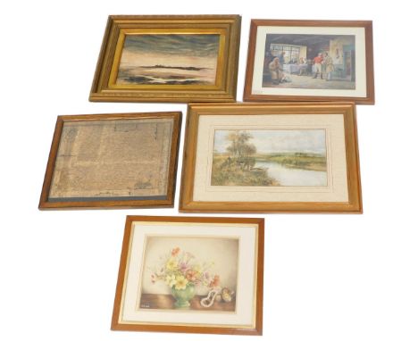 A group of pictures and prints, comprising watercolour after C Brennir, still life after W M Walth, stained map of Leicesters