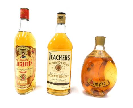 A bottle of Dimple Whisky, a bottle of Teacher's Highland Cream Scotch Whisky, and a bottle of Grant's Family Reserve Scotch 