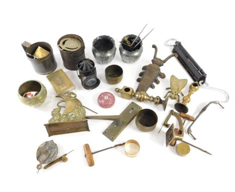 Miscellaneous metalware etc., to include a set of scales, silver plated and brass card case, Indian brass pots, etc. 