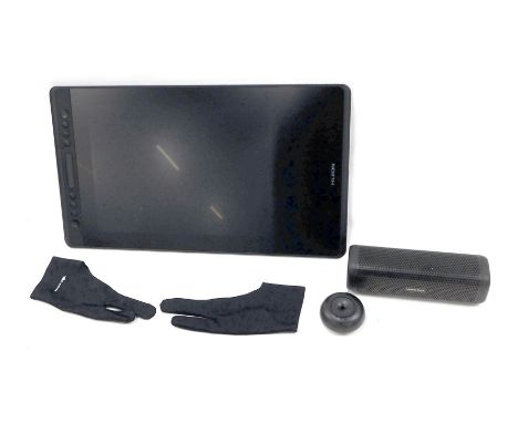 A Huion Kamvas Digital Pro 16 drawing pen screen, boxed, missing stylus and a Mighty Rock speaker. 