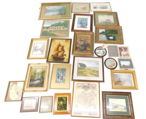 Various pictures and prints, comprising after M O boating and landscape scenes, after W David Snell coastal landscape, daisy 