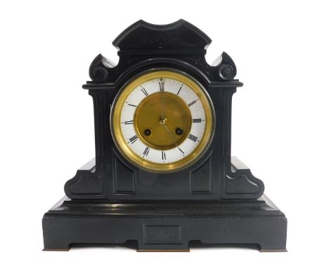 A late 19thC French black slate mantel clock, the white enamel dial with Roman numerals, retailed by Whytock &amp; Sons Dunde