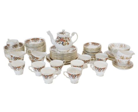A Colclough part tea and dinner service, decorated with scrolls and flowers, in shades of red, dark blue, etc. 