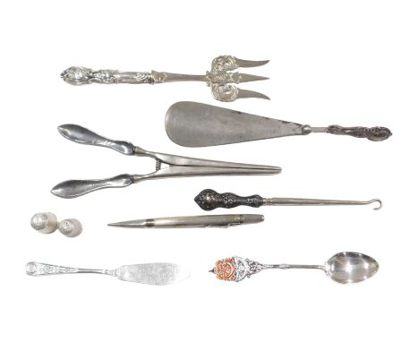 Silver and silver plated wares, comprising silver handled and steel bladed button hook, silver handled and steel bladed shoe 