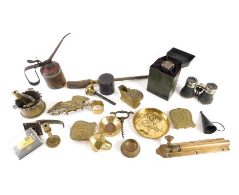 A quantity of miscellaneous items, to include a red painted oil can, a badge stamped IHS, French field glasses, brass novelty
