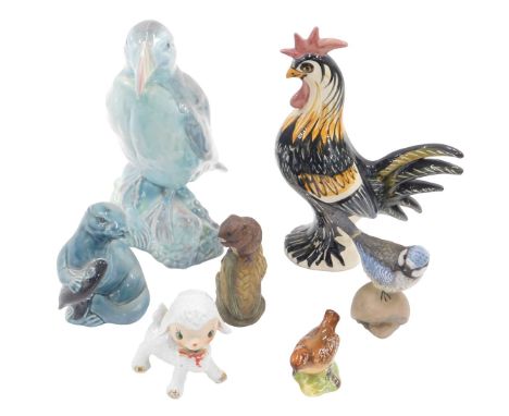 A Beswick pottery figure of a Puffin, numbered 618, and various other ceramic animals, to include Italian cockerel, Poole Pot