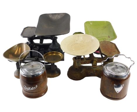 Four sets of kitchen scales, with coloured pans, two biscuit barrels with chrome plated mounts.