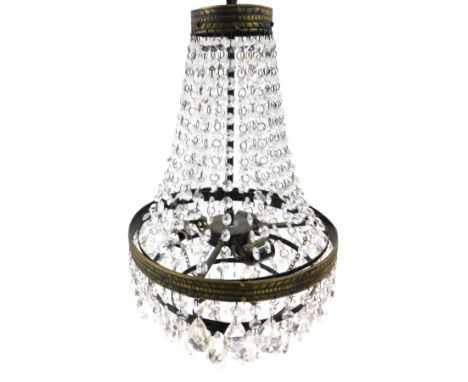 An early 20thC brass basket shaped chandelier, with cut glass drops, 50cm high.