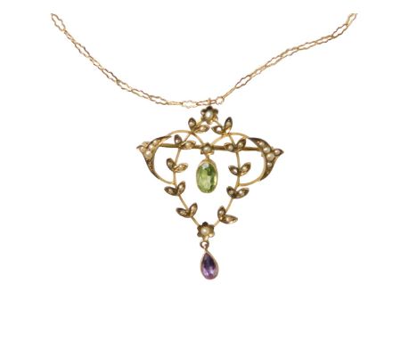 An Edwardian pendant, set with peridot, seed pearl and amethyst, unmarked, with fine chain, 4.4g all in. 