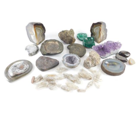 A pair of part polished agate bookends, ammonite, a geode, amethyst crystal, malachite ashtray, etc. 