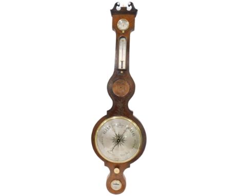 A 19thC wheel barometer, in rosewood and simulated brass inlay, with silvered dial, etc., 107cm high. 