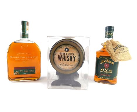 Three bottles of whisky, Distiller's Select Woodford Reserve, batch number 52, bottle number 2880, a blended Club House Scotc