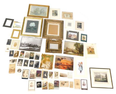 Pictures and prints, comprising after G M Brough white rose, gilt frame, view of Lime Hall later coloured engraving, print of