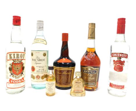 Various bottles of spirits, to include Vodka, Martel VS Cognac, etc. 