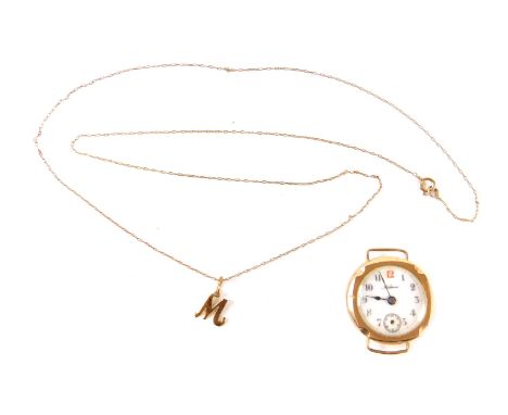 A Medona 9ct gold wristwatch head, and an M pendant and chain, yellow metal, marked 9kt, 13.7g all in. (AF)