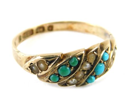 A 9ct gold turquoise and seed pearl dress ring, of twist design, ring size M, 1.7g all in. 