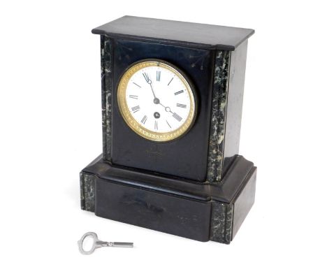A French black slate and marble mantel clock, the dial with Arabic numerals, 28cm high.