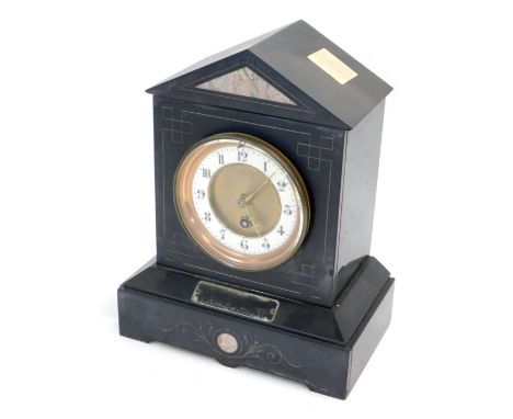 A French slate mantel clock, the dial with Arabic numerals, lacking presentation plaque, 28cm high.