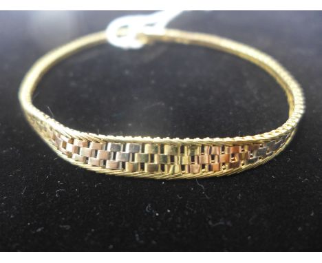 A vintage 9ct three-tone plated gold bracelet in yellow, rose and white gold, 8.6g, L: 20cm 