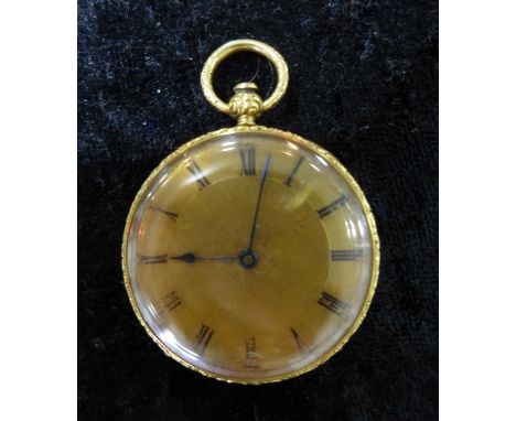 A late 19th century gold plated open face pocket watch, c.1890, gilt dial with Roman numerals and engine turned centre, round