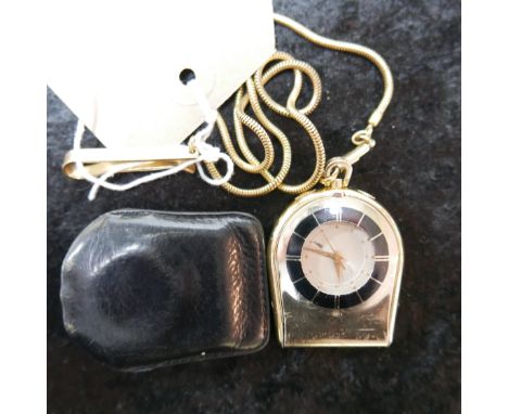 A Jaeger-LeCoultre Memovox gold plated alarm travel clock, manual wind movement dial with gilt Arabic 12 and baton markers, c