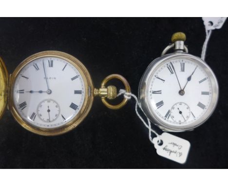 A gold plated Elgin half hunter pocket watch, c.1900, seven jewel movement, white enamel dial with Roman numerals, subsidiary