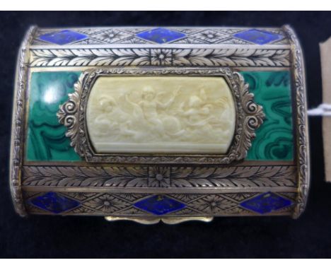 A 19th century Russian white metal and enamelled box, the front adorned with a central carved ivory panel depicting putti wit