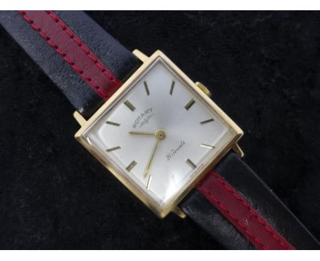 A 1960's 9ct yellow gold Rotary gentleman's wristwatch, 21 jewel movement, square silvered dial with baton markers, square ca