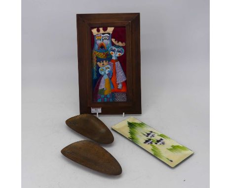 A continental ceramic tile, depicting a Royal Family within a stained pine surround, 32 x 19cm; together with an enamelled pl