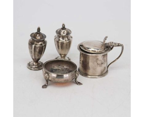 An Elizabeth II silver mustard pot, of cylindrical form, having a hinged lid and shaped thumbpiece, Sheffield 1957; together 