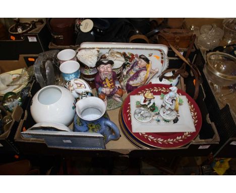 A box of miscellaneous items to include two melba ware character jugs being Henry VIII and Tale Teller, a pair of 20th centur