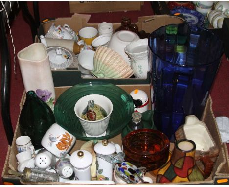 Two boxes of miscellaneous items to include a Radford vase of triangular form decorated with flowers impressed mark verso No.
