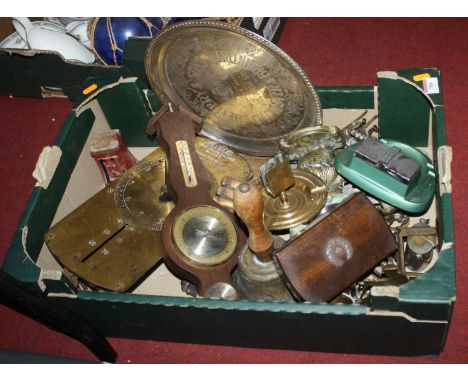 Miscellaneous items to include vintage ashtrays, a wall barometer and a set of Salter scales 