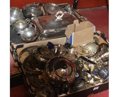 Two boxes of metalware, to include silver plated teapot, flatware etc 