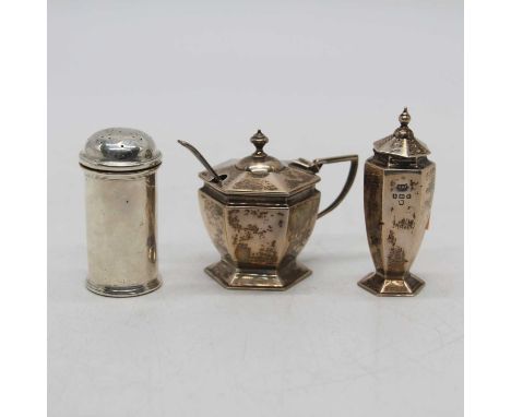 A George V silver mustard, of hexagonal shape, having a hinged lid and blue glass liner; together with an associated silver m
