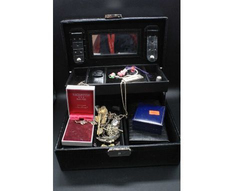 A leather jewellery box and contents of assorted costume to include silver and white metal charm bracelet, thimble, filigree 