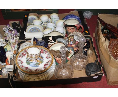 Two Royal Doulton figurines, Shore Leave HN2254, and The Foaming Quart HN2162, three Royal Doulton character jugs to include 