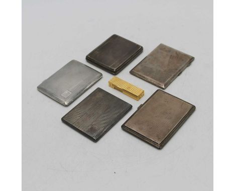 A George VI silver cigarette case, having engine turned decoration and a gilt washed interior, London 1937, togeteh with four